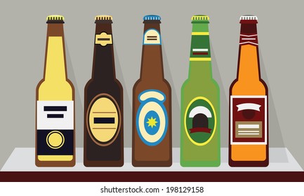 A row of full beer bottles with caps on a shelf, SET 1 - Modern colorful flat design