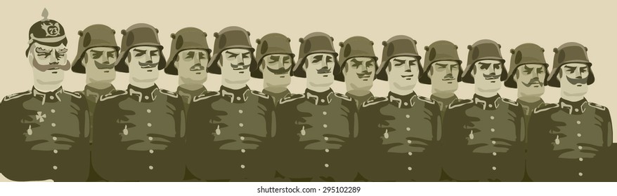 Row of German soldiers. WWI. Vector