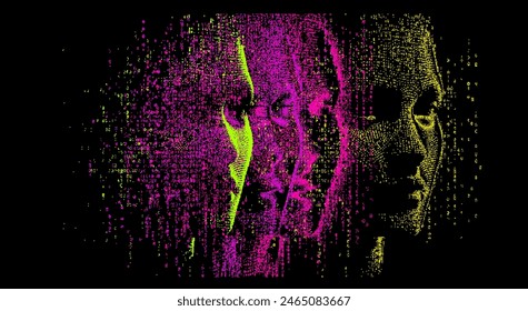 A row of glitched faces emerging out of ambient noise. A conceptual vector illustration which reflects on the issue of technology as an extension of human body and nature.