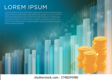 Row of gold coins and financial graph abstract gradient background. Money and finance concept. Vector illustration.