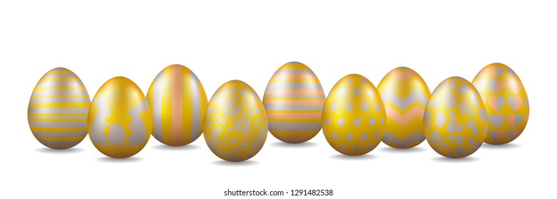 Row of golden easter eggs with silver and bronze patterns vector banner