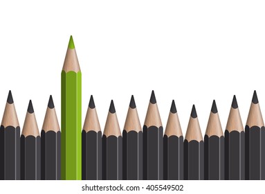 row of gray pencils with one colored green symbolizing the special one
