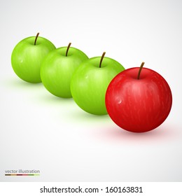 Row of green apple with red main one