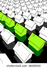 row of green "ecological" houses standing out from others
