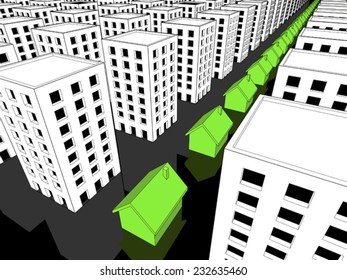 Row of green houses among many blocks of flats