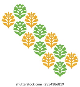 A row of green and orange pattern leaves on a white background