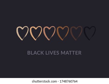 Row of hand drawn hearts colored from white to black with Black lives matter slogan. Anti racism and racial equality and tolerance banner. Vector illustration, social media template, dark background.
