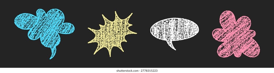 Row of hand-drawn chalk elements on black background: blue cloud shape, yellow starburst, classic white speech bubble and pink flower blob with rough texture. Perfect for comic, dialogue and design templates.