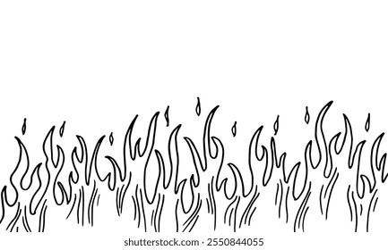 Row of hand-drawn doodle cartoon vector of fire flames on a white background.
