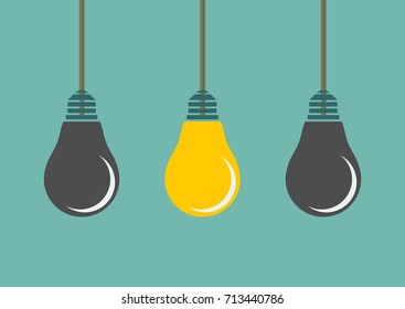 Row of hanging lightbulbs with one burning on blue background. Inspiration, discovery, idea and insight concept. Flat design. Vector illustration.