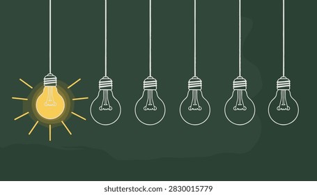 Row of hanging lightbulbs with one illuminated bulb standing out among unlit ones for unique ideas.