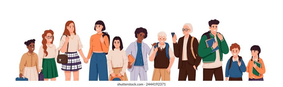 Row of happy children of different stages, grades, ages. Group of classmates from elementary, middle and high school. Diverse pupils, students on banner. Flat isolated vector illustration on white
