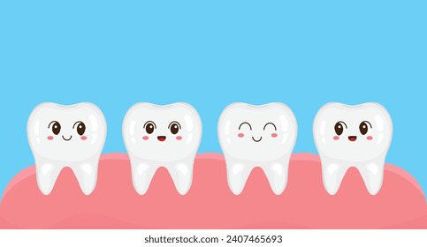 Una fila de dientes felices sanos. Ilustración vectorial al estilo de las caricaturas. Colección de mascotas Kawaii para aplicaciones médicas, sitios web y hospitales. Sanos y dentarios. Salud oral.