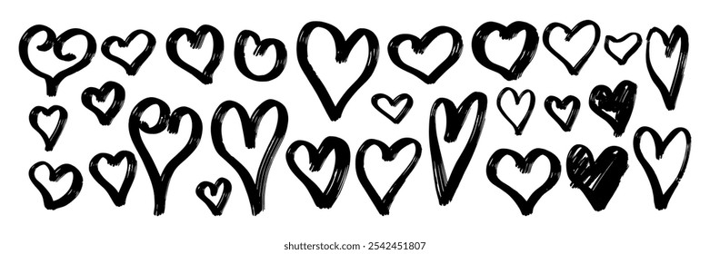 A row of hearts with some of them being drawn. Some of the hearts are in the middle of the row and others are at the end