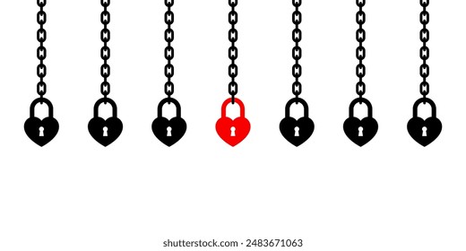 A row of heart-shaped locks hanging from chains on a white background