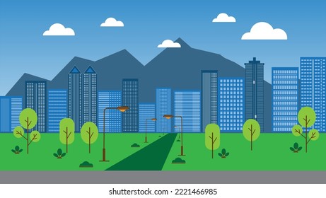 Row of high building green garden cloud mountain blue sky. Vector illustration. 