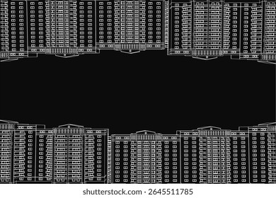 Uma fileira de prédios de apartamentos em preto e branco, dispostos simetricamente contra um fundo escuro. Cada edifício apresenta um design único com janelas e varandas claramente definidas.