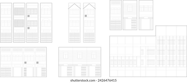 Row house, building, Architectural Drawings, Minimal style cad building line drawing, Side view, set of graphics trees elements outline symbol for landscape design drawing. Vector illustration.