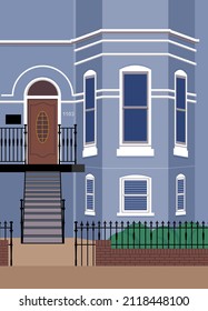 Row house exterior illustration. Street view with a rowhouse building with windows, stairs, fence, garden. Color travel illustration. Vector.