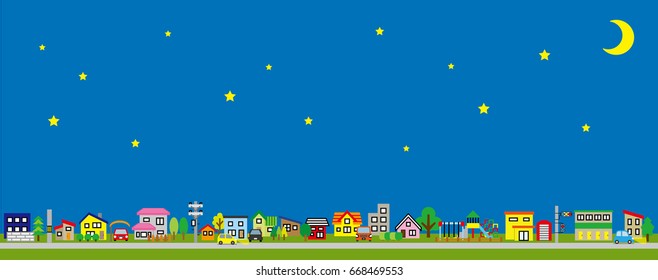 Row of the house of the residential area - lateral length and color - stars and moon