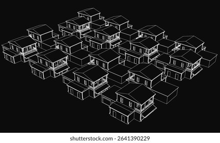 A row of houses in a black and white drawing, each featuring detailed windows and balconies. The dark background creates a mysterious urban atmosphere with a vintage aesthetic.