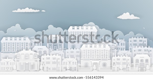 Row of houses and\
buildings in silhouette in old Georgian or Victorian styles on a\
smart or posh street