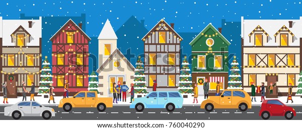 Row of houses decorated with luminous\
garlands beside road full of cars and people on street exchange\
Christmas presents cartoon vector\
illustration.