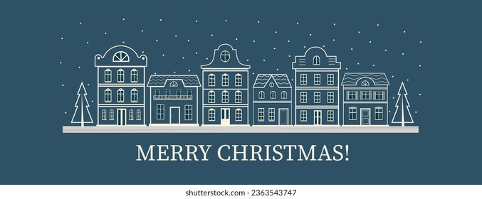 Row of houses lineart drawing. Merry Christmas horizontal banner with european city landscape. Scandinavian architecture. Buildings skyline. Vector illustration. 