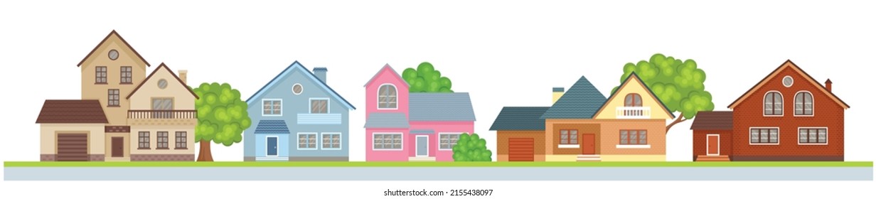 Row of houses on the street. Cute city concept horizontal banner. Vector buildings in simple, flat style.