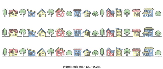 a row of houses and trees - rough line and scribble color - 