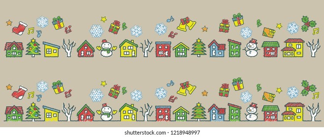 a row of houses and trees - rough line and scribble color - Christmas version of khaki background