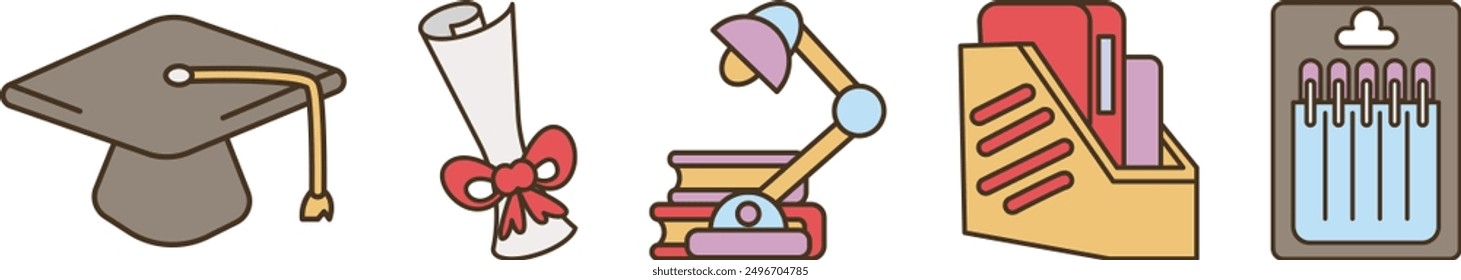 A row of icons for graduation items, including a cap and gown, a book, a pencil, and a desk lamp