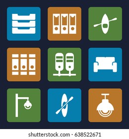 Row icons set. set of 9 row filled icons such as binder, table box, sofa, street lamp, rowing