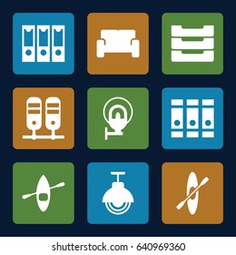 Row icons set. set of 9 row filled icons such as binder, table box, sofa, street lamp, rowing