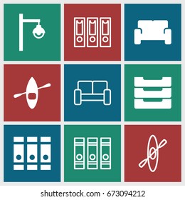 Row icons set. set of 9 row filled and outline icons such as binder, table box, sofa, street lamp, rowing boat