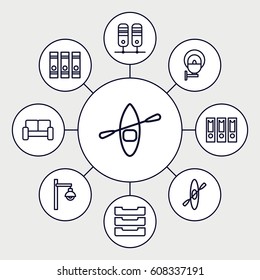 Row icons set. set of 9 row outline icons such as binder, table box, sofa, street lamp, rowing boat