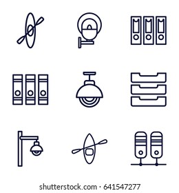 Row icons set. set of 9 row outline icons such as binder, table box, street lamp, rowing boat