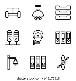 Row icons set. set of 9 row outline icons such as binder, table box, sofa, street lamp