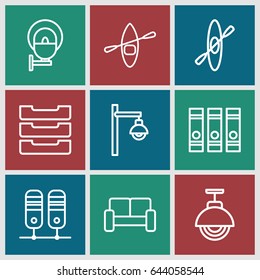 Row icons set. set of 9 row outline icons such as binder, table box, sofa, street lamp, rowing boat
