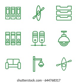 Row icons set. set of 9 row outline icons such as binder, table box, sofa, street lamp, rowing boat