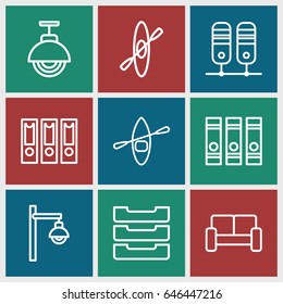 Row icons set. set of 9 row outline icons such as binder, table box, sofa, street lamp, rowing boat