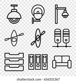 Row icons set. set of 9 row outline icons such as table box, sofa, street lamp, rowing boat, rowing