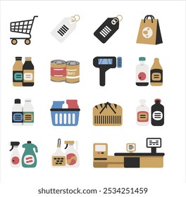 A row of icons set against a white background. There's a shopping cart, a grocery bag, a price tag, a barcode scanner, a basket, a few canned goods, a selection of dairy products, a loaf of bread.