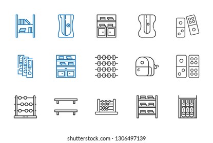 row icons set. Collection of row with bookshelf, abacus, domino, sharpener, binder. Editable and scalable row icons.