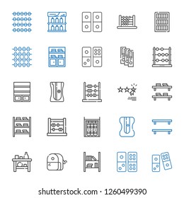 row icons set. Collection of row with domino, bookshelf, sharpener, shelf, abacus, rating, binder, bookcase. Editable and scalable row icons.
