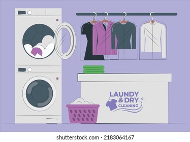 Row Of Industrial Laundry Machines In Laundromat. Washing Machine In Dry Cleaning. Clothes Washing Machine In Laundry Room Interior