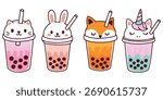 Row of kawaii bubble tea drinks with cute animal characters and tapioca pearls. Fun and colorful design for packaging and kids.