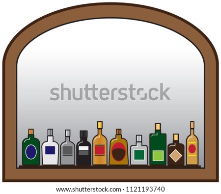 A row of liquor bottles on a shelf in front of a mirror with room for copy