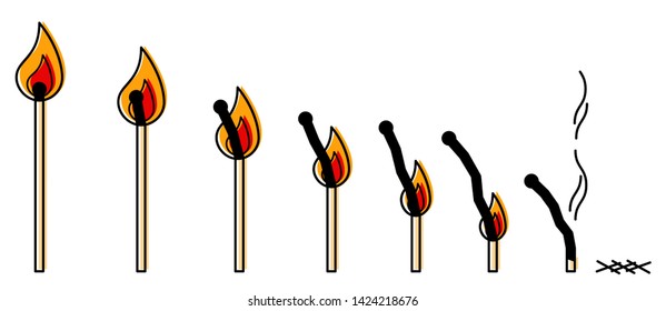 Row of lit matches burning down, simple clean conceptional line art vector illustration isolated on white background