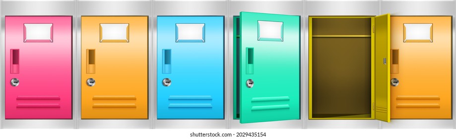 Row of locker cabinets with colored compartments for storage room, office, school or gym. Vector realistic illustration of empty metal boxes with keyholes, blank labels, open and closed doors
